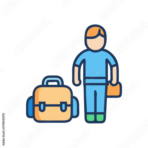 Stylized illustration of traveler with luggage on black backdrop