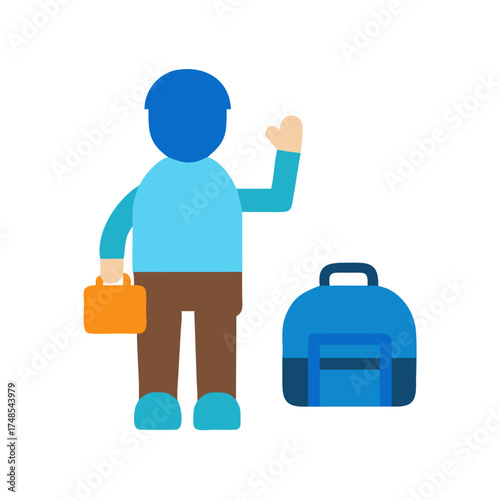 Flat vector illustration of a traveler waving with luggage