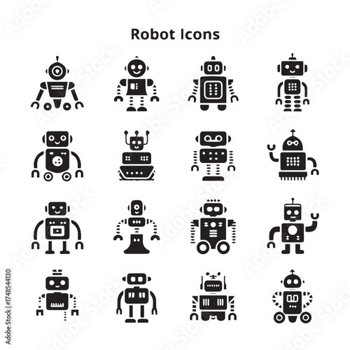 minimal robot icon pack 16 solid black designs ai eps jpeg ideal for games apps and education