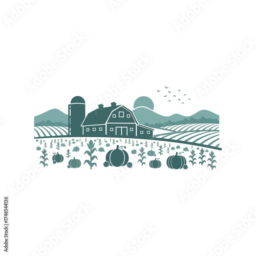 Charming farm landscape illustration harvest season rural scenery countryside agriculture vector