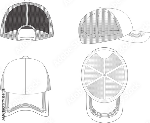 baseball hat  template. tracker cap mesh design front back side view.