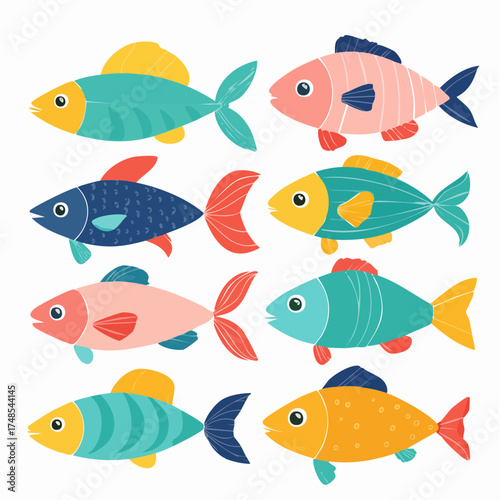 Set of eight stylized fish illustrations.