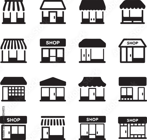 street shop icons 16 storefront variations vector pack for maps branding ecommerce and urban design