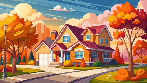 Very beautiful colorful house and street in a suburb during autumn on a cloudy day, vector-style composition perfect for real estate presentation and cozy seasonal mood.