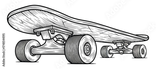Classic Skateboard Equipment Deck and Wheels in Detailed Engraving Style