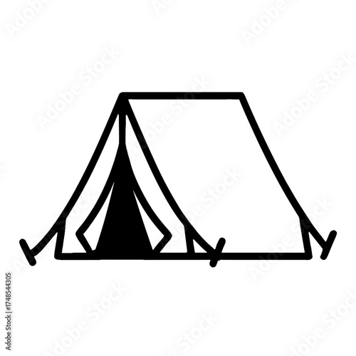 Black line art icon: A-frame camping tent. Features guy lines, dark entrance. Symbolizes outdoor adventure, wilderness exploration, hiking, overnight stays. Ideal for nature, travel, recreation