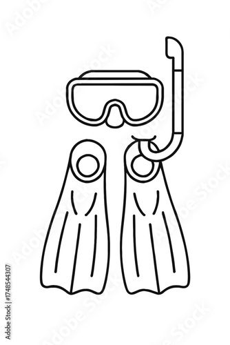 Essential Snorkeling and Diving Gear Set Vector Icon: High-Quality Line Art Illustration Featuring a Diving Mask, Snorkel, and Swim Fins for Water Sports, Beach Holidays, and Underwater Exploration