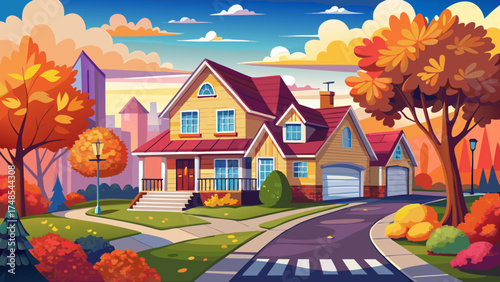 Very beautiful colorful house and street in a suburb during autumn on a cloudy day, vector-style composition perfect for real estate presentation and cozy seasonal mood.