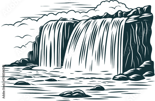 Dynamic cascading waterfall with natural rock formations and flowing water stream