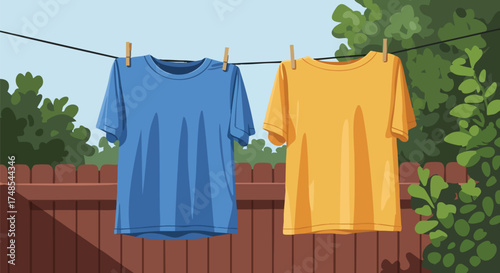 Two T-shirts hanging on a clothesline outdoors.