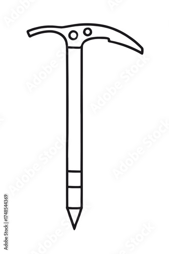 Line art illustration of a mountaineering ice axe, a vital tool for climbing, glacier travel, and alpine safety. Features include a sharp pick, adze, and spike for grip on ice and snow.