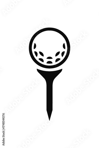 Classic vector icon of a golf ball with distinct dimples perfectly resting on a golf tee. A sharp black silhouette on white, ideal for golf branding, sports apps, websites, merchandise