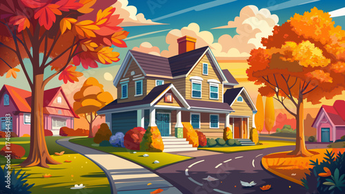 Very beautiful colorful house and street in a suburb during autumn on a cloudy day, vector-style composition perfect for real estate presentation and cozy seasonal mood.
