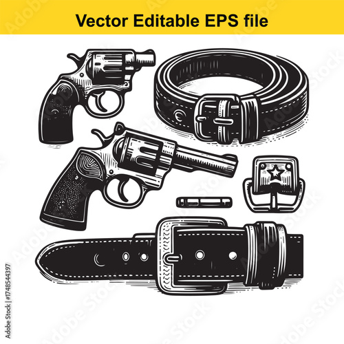 Vector art of a vintagestyle illustration of revolvers and leather belts with buckles, isolated on a, evoking a sense of the wild west or a detective theme