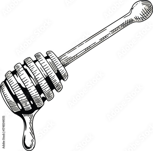 Hand Drawn Wooden Honey Dipper with a Sweet Drop of Golden Honey Dripping