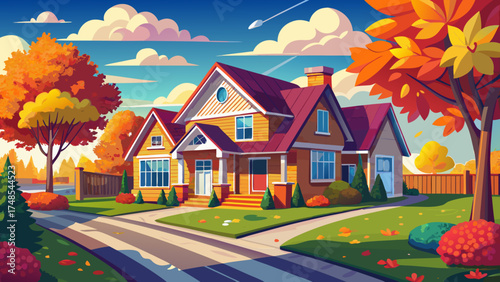 Very beautiful colorful house and street in a suburb during autumn on a cloudy day, vector-style composition perfect for real estate presentation and cozy seasonal mood.