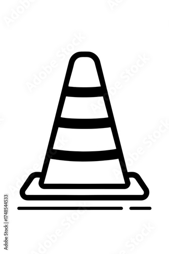 Minimalist black outline icon of a traffic cone featuring three distinct horizontal stripes, commonly used to denote construction areas, temporary road closures, safety warnings, and hazardous zones