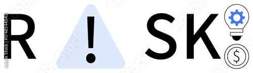 Letters form RISK with a triangle warning, gear inside bulb, and dollar sign. Ideal for business, caution, planning, decision-making, finance innovation strategy. Simple flat metaphor