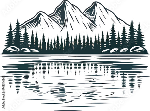 Majestic mountain range and dense forest reflecting on calm lake water surface