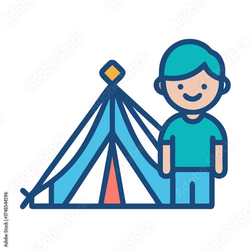 Cartoon boy camping with a tent in flat design