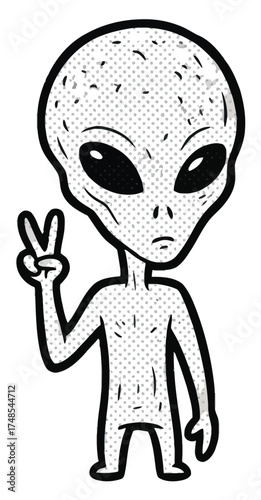 Retro Comic Book Style Alien Character Displaying Peace Sign Gesture with Dotted Texture