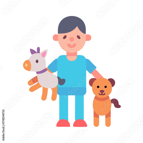 Flat vector illustration of a child with stuffed animals