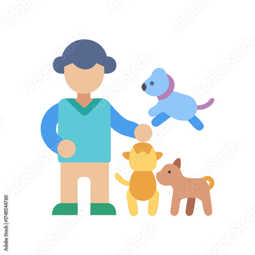 Stylized vector illustration of person playing with dogs