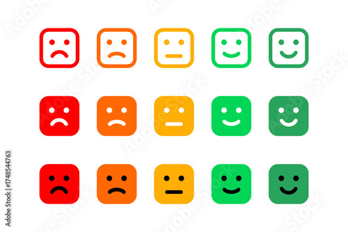 Satisfaction rating scale with color square faces. Customer feedback and emotion evaluation set. Survey results, quality rating, and performance measurement for business or service analysis. Vector