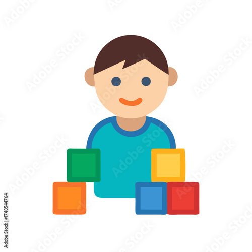 Cartoon child with building blocks on black background