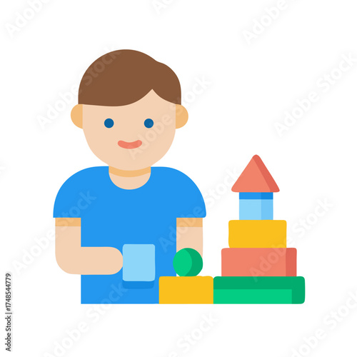 Boy Playing with Building Blocks Construction Game Illustration