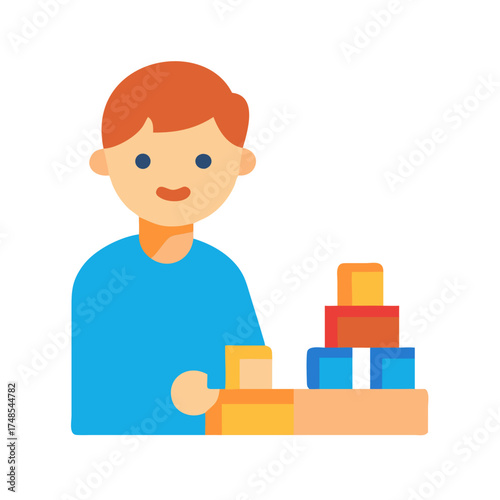 Boy building tower with colorful toy blocks flat illustration
