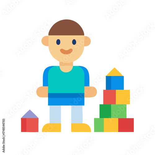 Boy with colorful building blocks isolated on black background