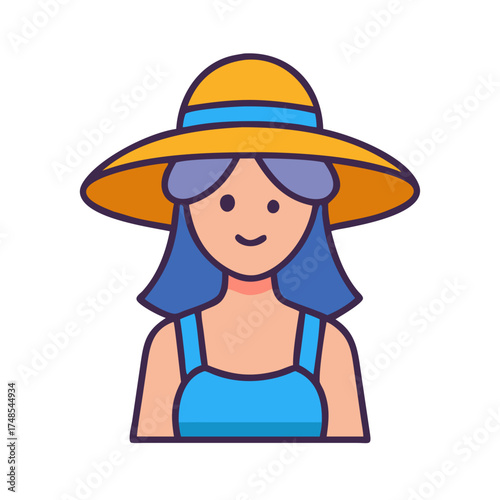 Flat vector illustration of a girl wearing a sunhat