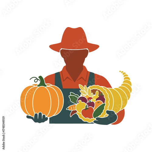 Farmer holding pumpkin and cornucopia symbolizing harvest autumn abundance and thanksgiving celebration vector