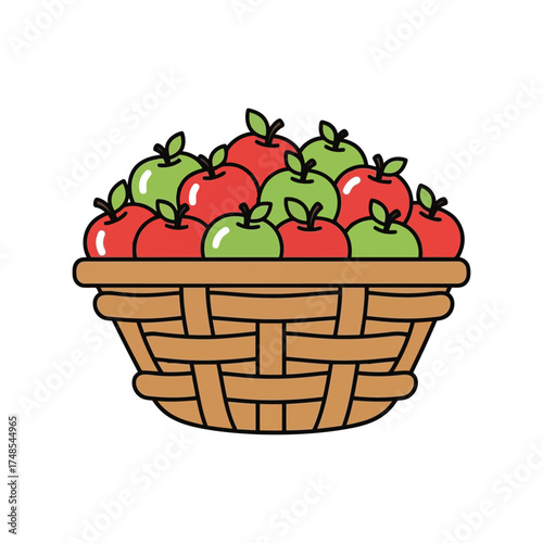Fresh harvest ripe red green apples overflowing woven basket autumn fruit healthy eating vector