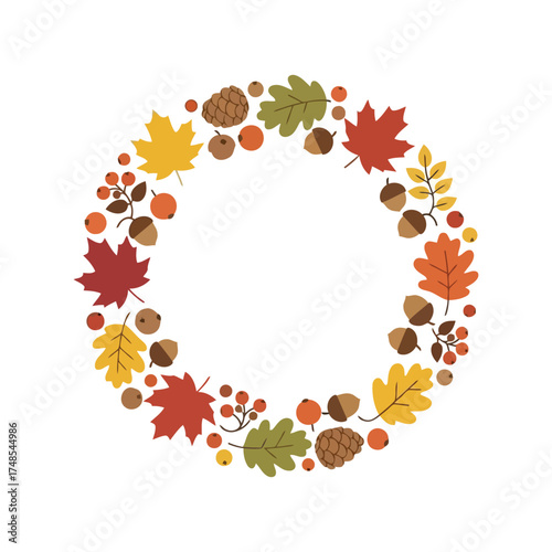 Circular autumn wreath maple leaves acorns berries festive seasonal decoration vector