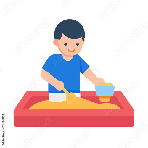 Flat illustration of child playing in a sand box