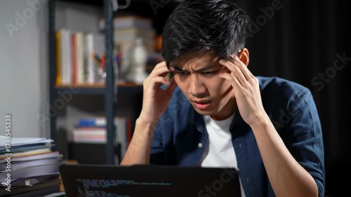 Frustrated young Asian man with headache working on laptop at desk, stressed at home. Overwhelmed with work or study, suffering headache or migraine.