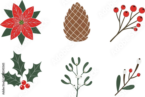 Christmas Holiday Icons Set – Poinsettia, Pinecone, Holly, Mistletoe & Berries Vector Illustration for Design & Print