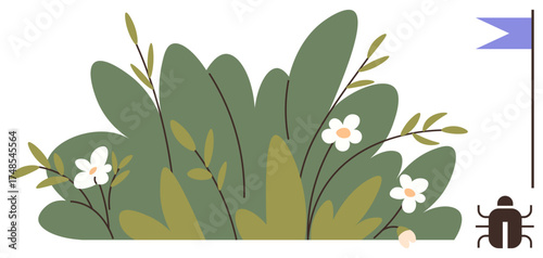 Dense green foliage with white flowers, a bug nearby, and a small blue flag placed to the side. Ideal for nature, ecology, exploration, biodiversity, conservation gardening outdoor adventures. A