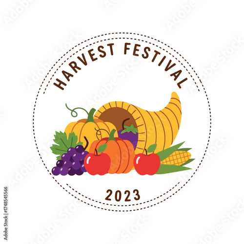 Cornucopia harvest festival thanksgiving autumn celebration seasonal abundance 2023 stamp vector