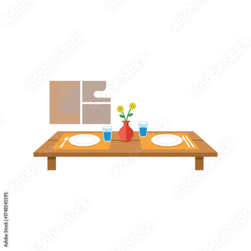 Cozy dining table set for two with decorative vase and place settings ready for mealtime vector
