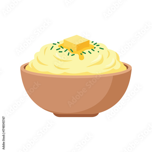 Creamy mashed potatoes served in a bowl with toppings ready to eat vector