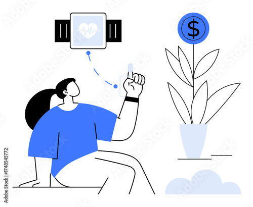 Woman analyzes health data on smartwatch, symbolizing wellness tracking. Plant with dollar sign embodies financial growth. Ideal for health, finance, innovation, technology, self-care, personal