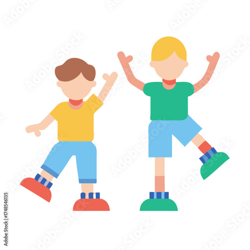Two flat illustration boys doing gymnastics on black background