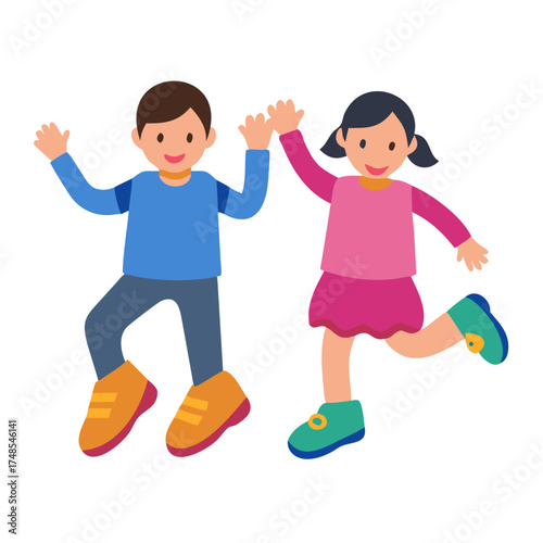 Happy cartoon kids jumping and waving on black background