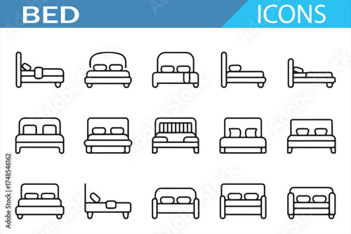 Line Art Icons of Different Bed Styles for Bedroom Furniture in Vector Design