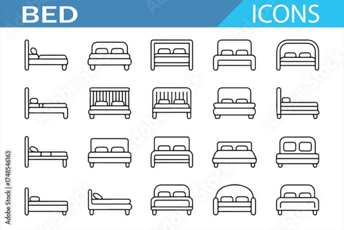 Set of Comfortable Bed Icons with Different Mattress and Bedframe Designs