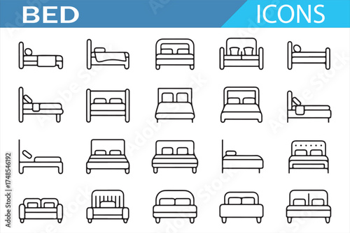 Various Bed Icon Designs in Flat Style for Home and Bedroom Furniture