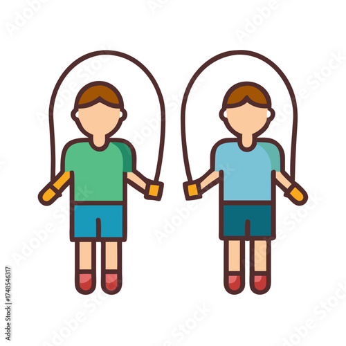 Twin boys doing exercise with jumping rope on black background